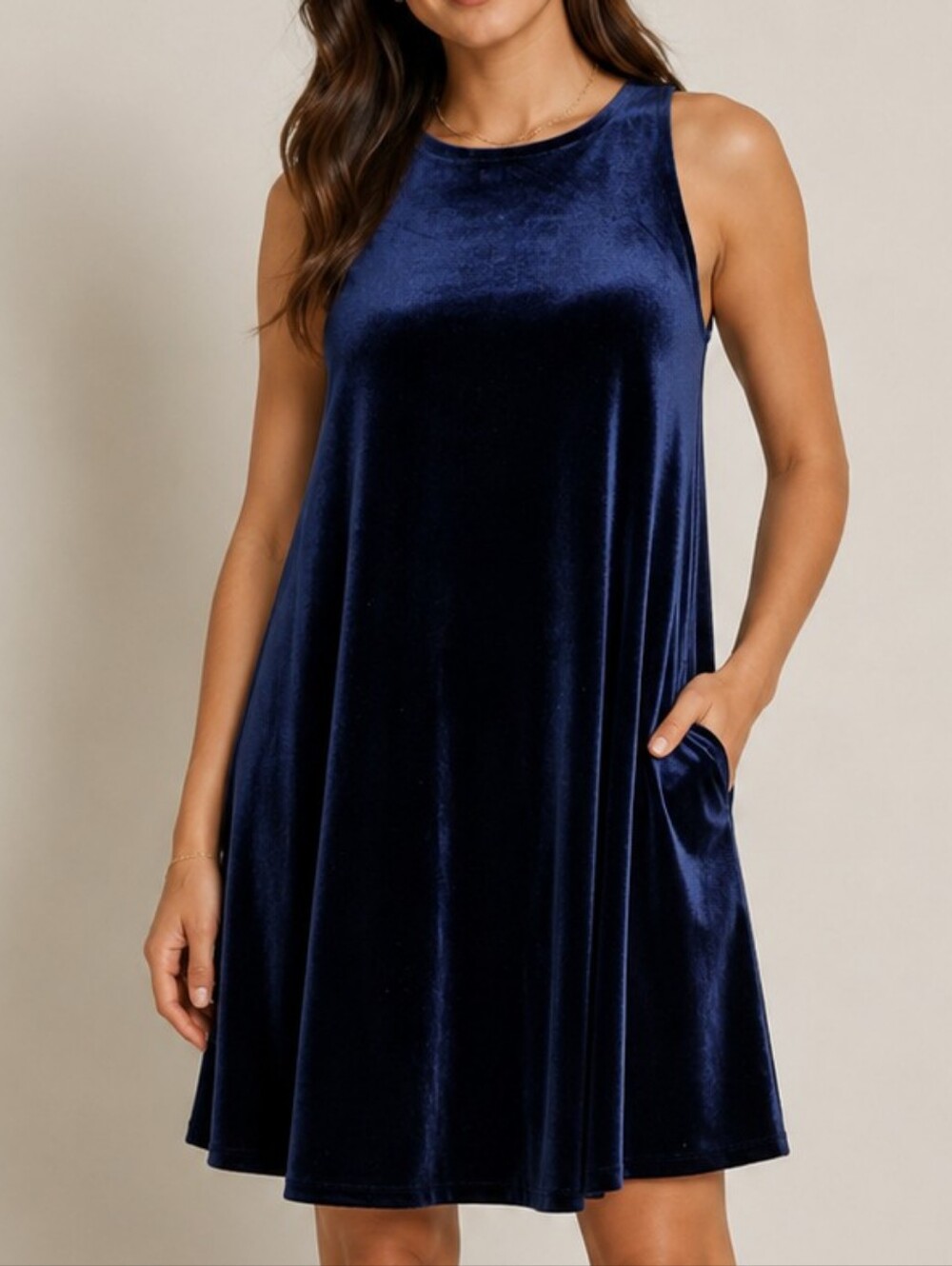 Velvet Navy Blue Sleeveless Swing Dress XS